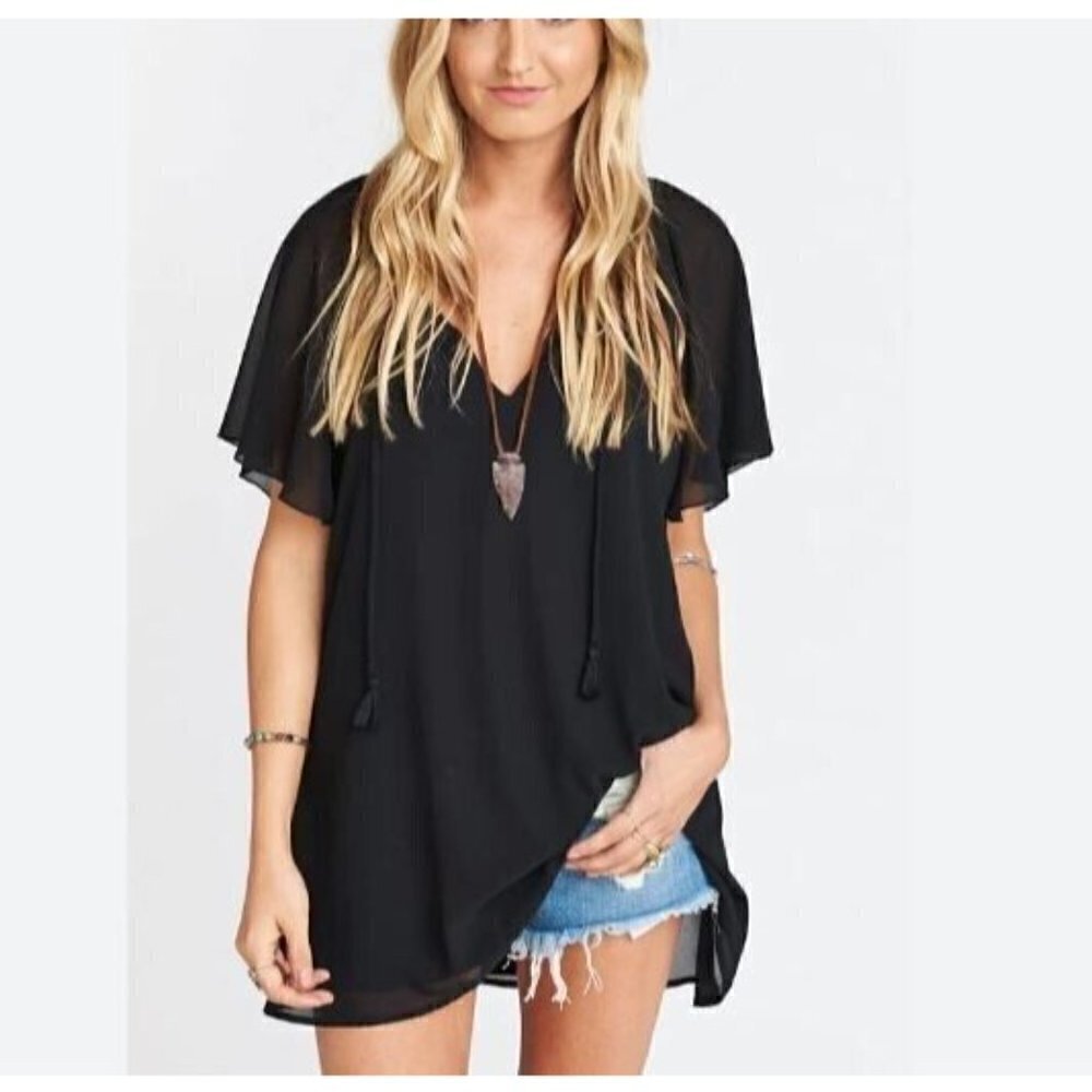Show Me Your MuMu Womens Medium Juana Tassel Tunic Top Black Challis Boho